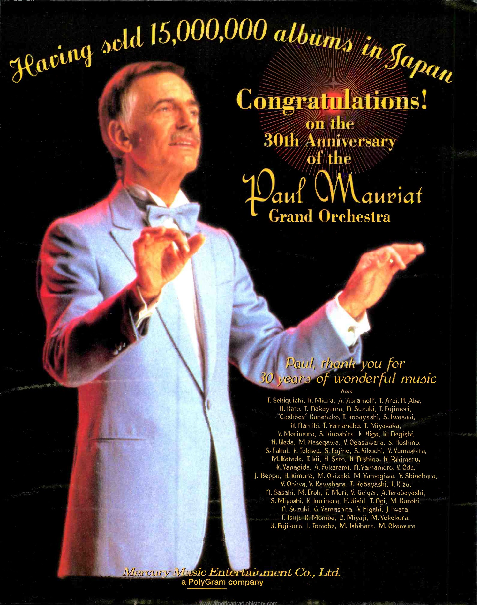 Paul Mauriat flyer japonais. "Congratulations for 15 millions albums sold"